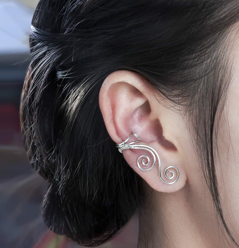 OwMell Handmade Ear Cuff Earrings, OwMell Elf Ear Cuffs No Piercing Hypoallergenic Simple Rolled Earrings Fantasy Costume for Party Wearing - Silver - Image 3